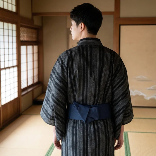 Rückansicht des traditionellen Herren-Kimonos mit schlichter Silhouette