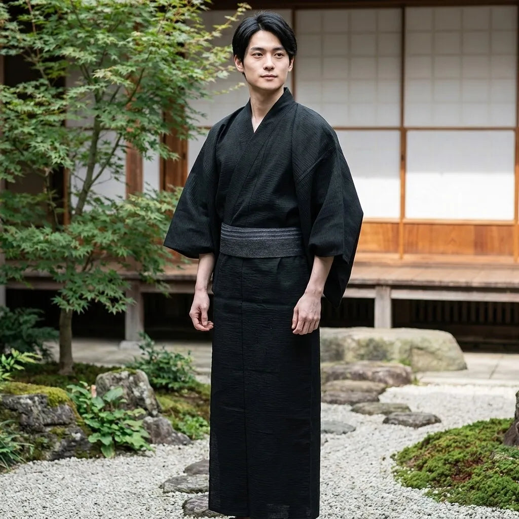 Schwarzer Herren Kimono aus Baumwolle in der Vorderansicht getragen