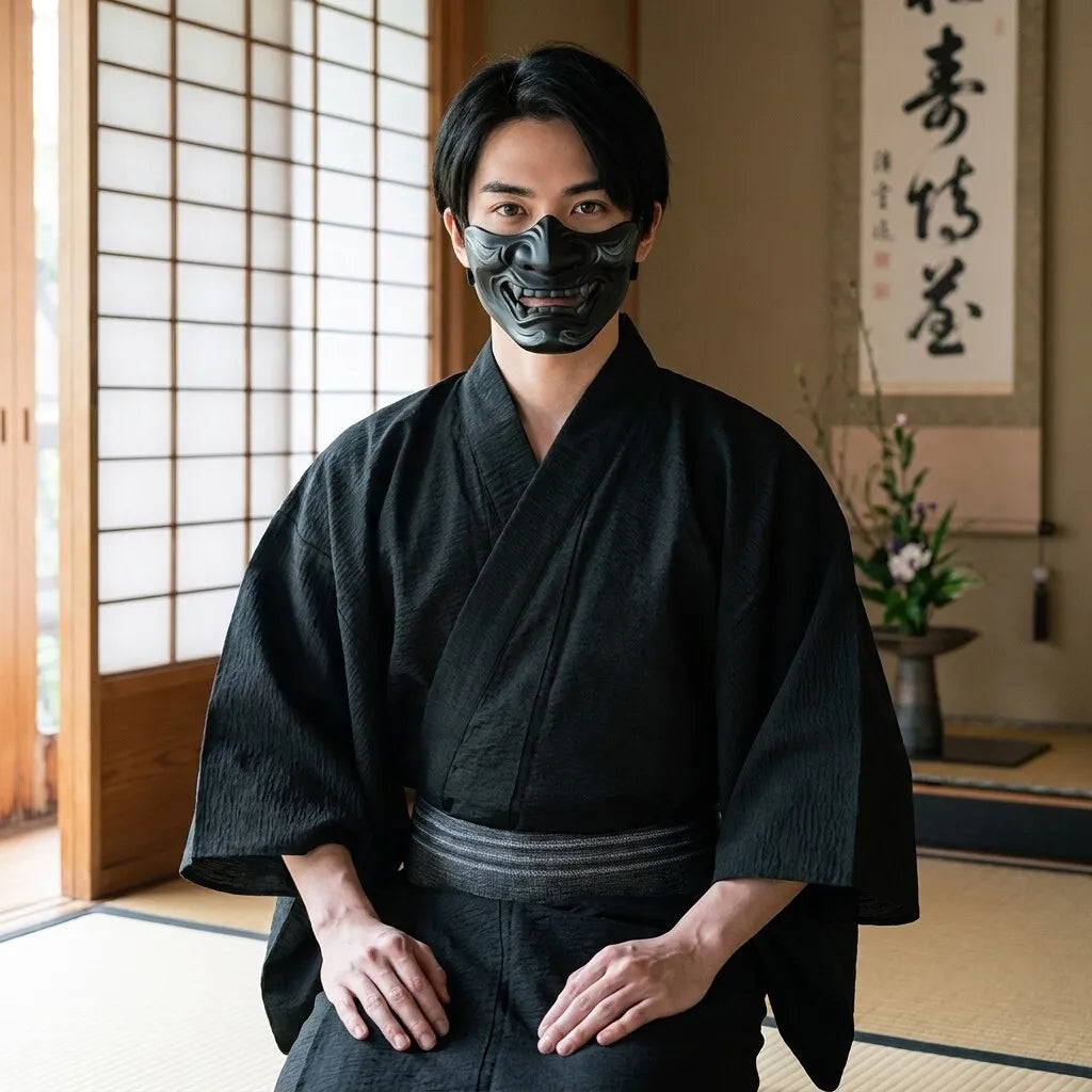 Mann trägt schwarzen Baumwoll-Kimono mit offenem Schnitt von vorne