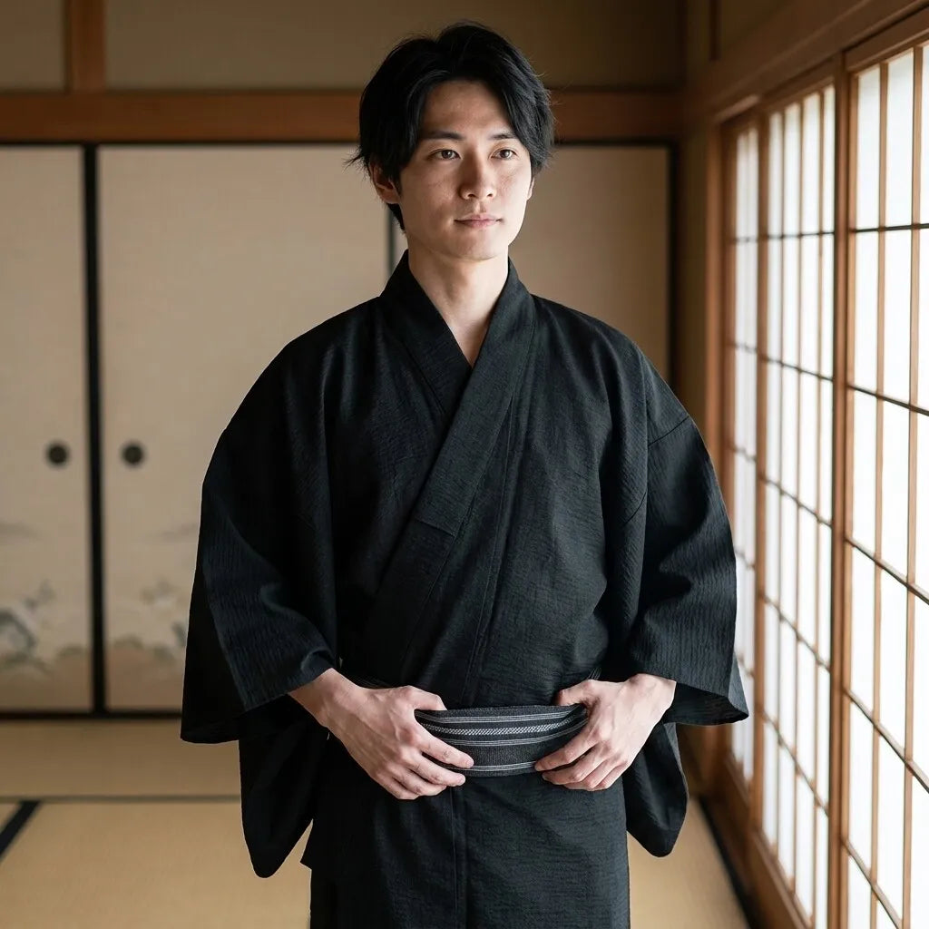 Schwarzer Kimono für Herren aus Baumwolle in Nahaufnahme von vorne