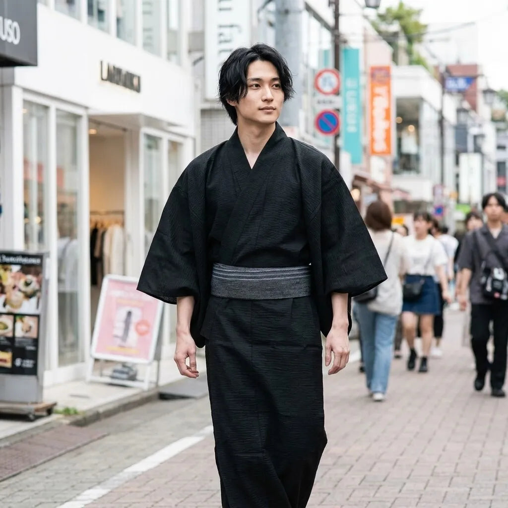 Schwarzer Baumwoll-Kimono für Herren in schlichtem Stil
