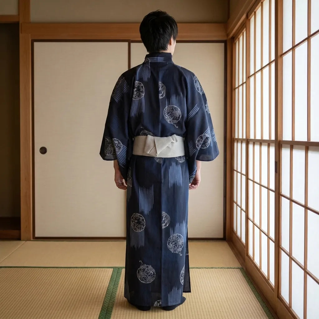 Rückansicht des Herren Kimono Sets mit langer Robe