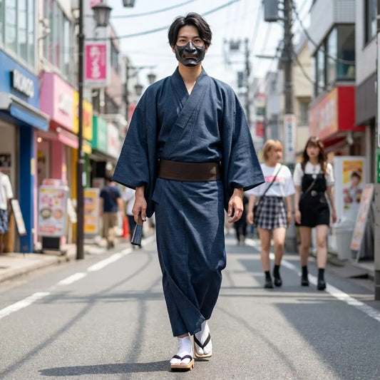 Violetter Herren Kimono offen getragen über einem einfachen Shirt