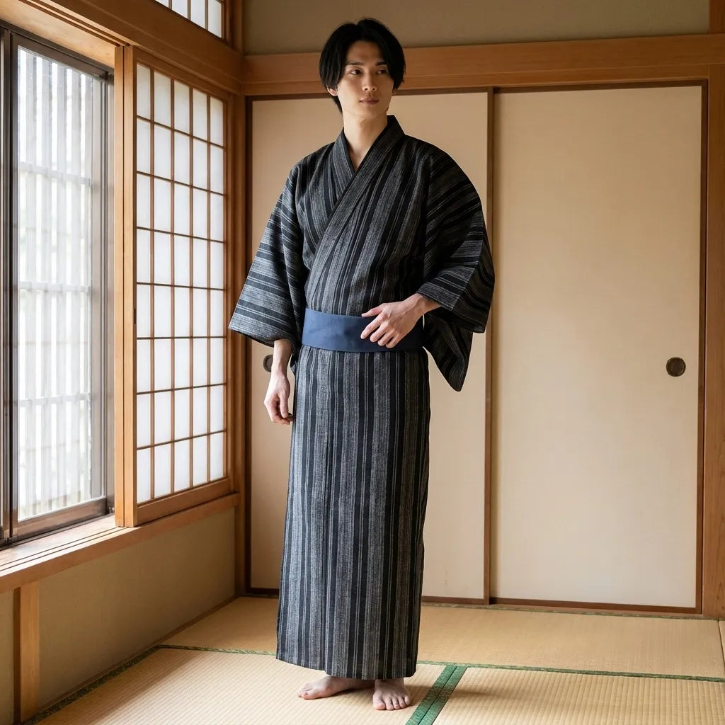 Traditioneller Herren Kimono in Vorderansicht mit klassischem Schnitt