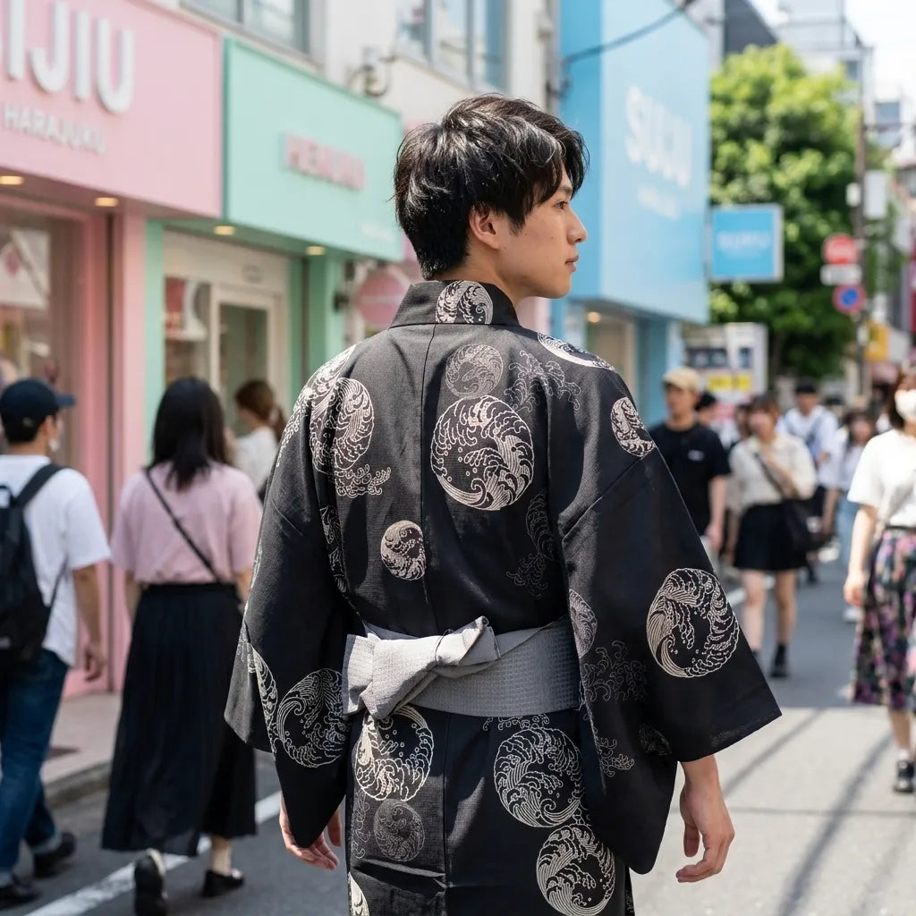 Nahaufnahme der Rückseite des schwarzen Herren-Yukata mit Ärmeldetail