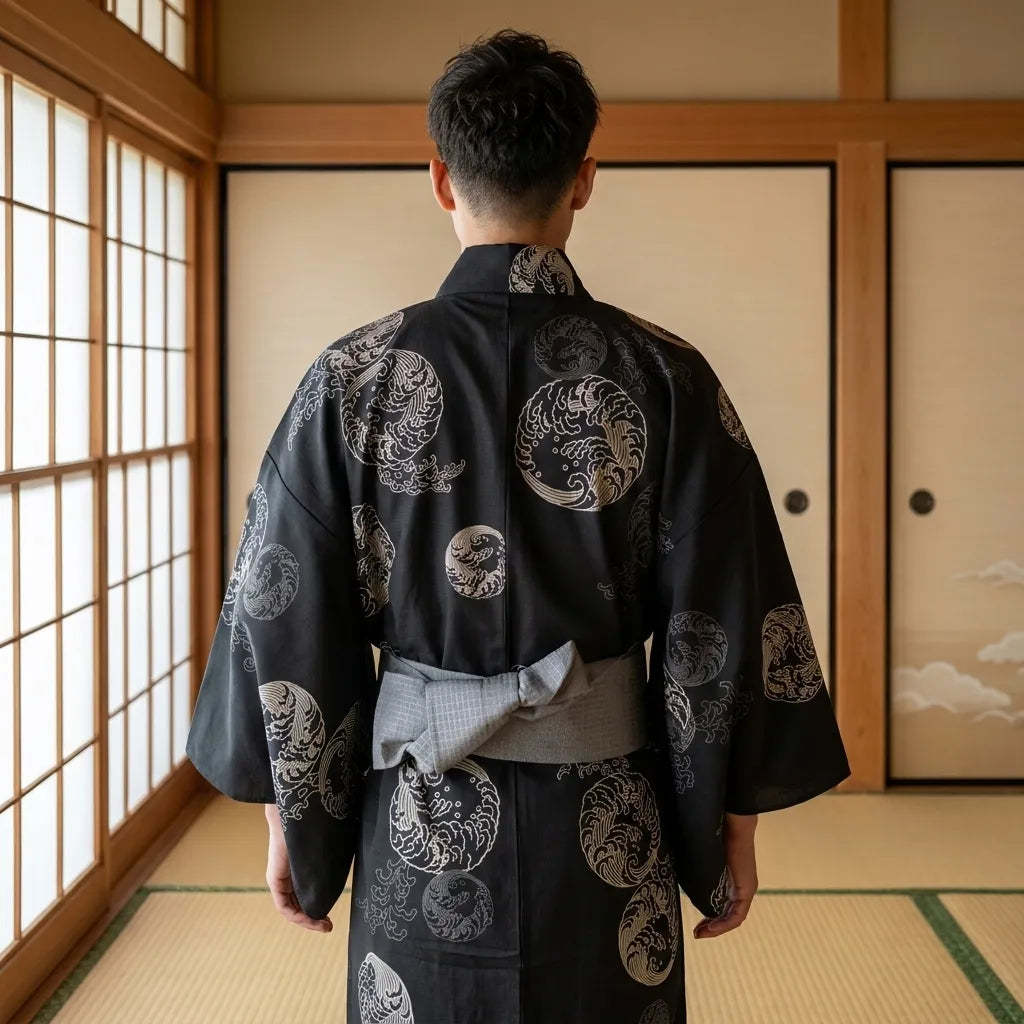 Rückansicht des schwarzen Herren-Yukata mit Wellenmuster