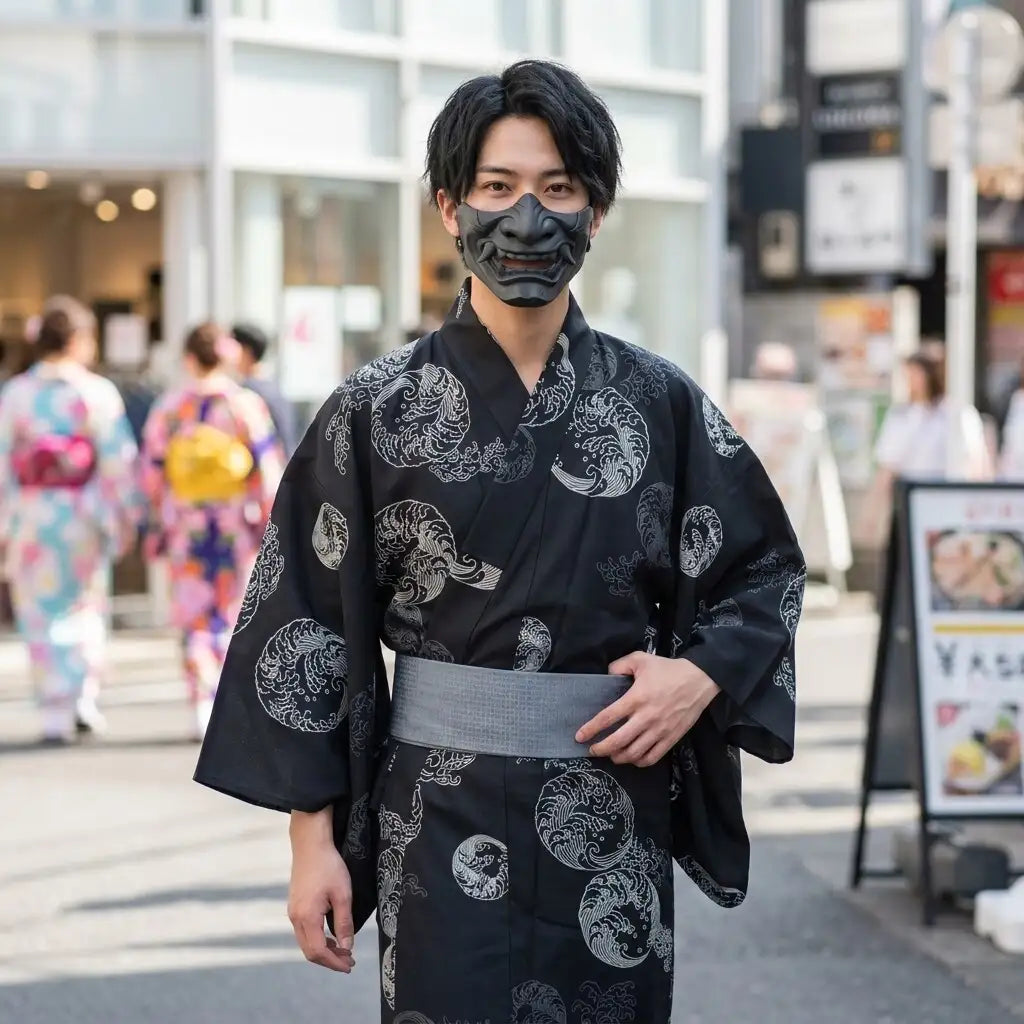 Herren-Yukata schwarz kombiniert mit minimalistischen Basics