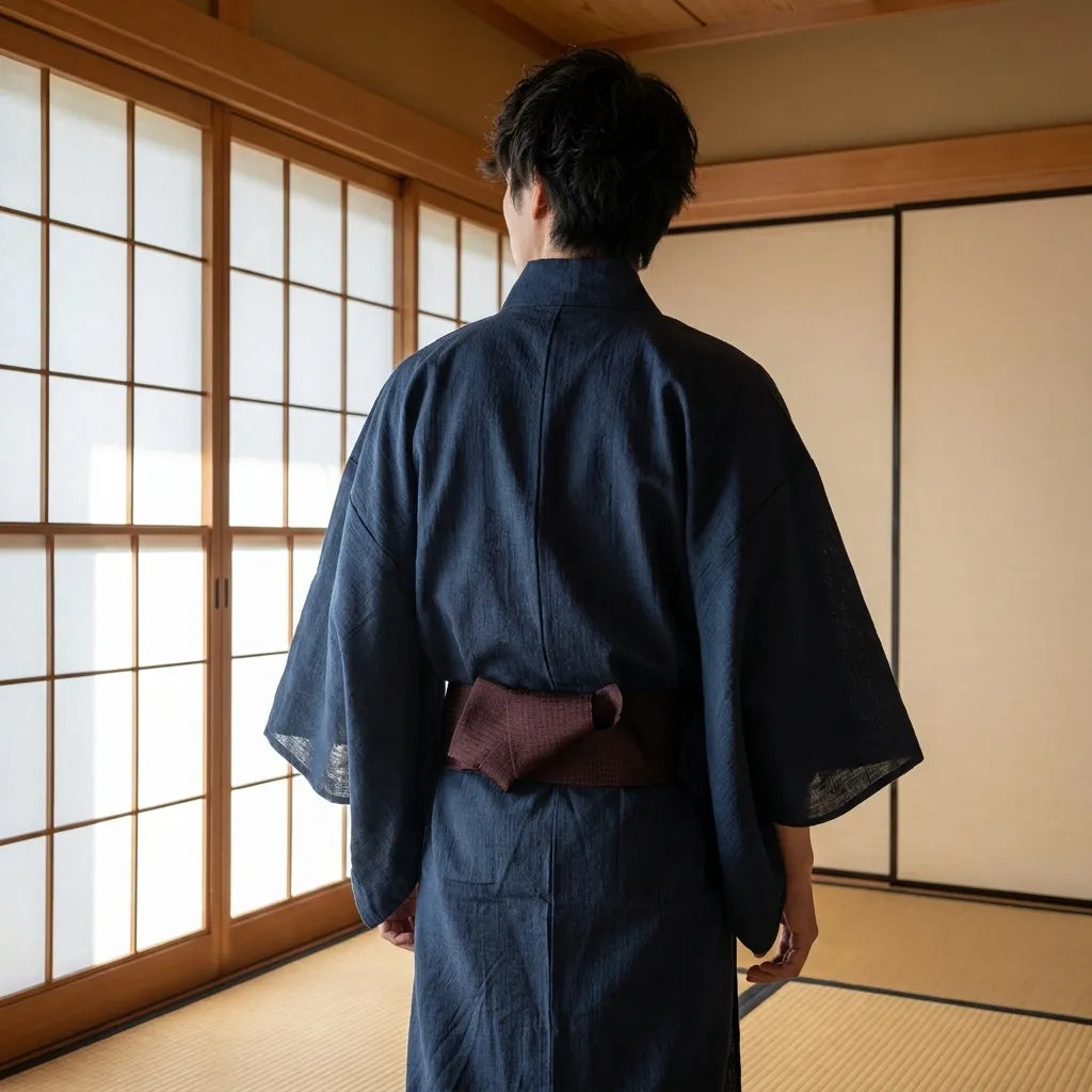 Blauer Kimono für Herren in der Rückansicht getragen
