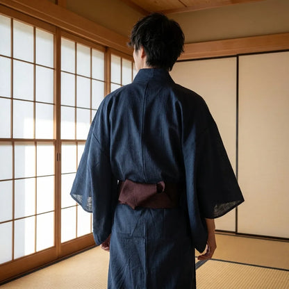 Blauer Kimono für Herren in der Rückansicht getragen