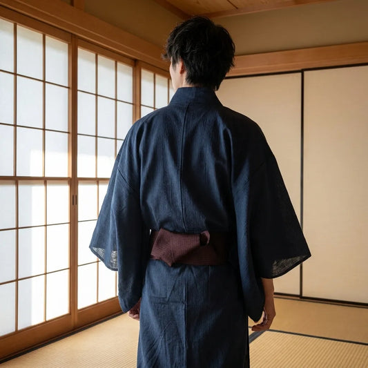 Blauer Kimono für Herren in der Rückansicht getragen
