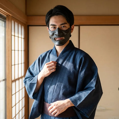Blauer Herrenkimono aus Baumwolle in klassischer Vorderansicht