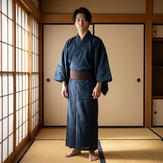 Traditioneller Herrenkimono in Blau, Detailansicht von vorne