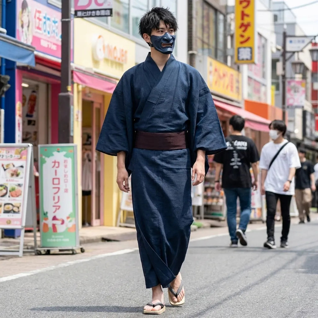 Herrenkimono blau mit lockerem Ärmelschnitt von vorne