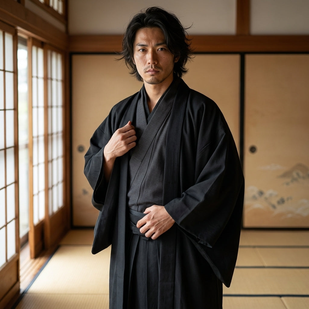 Schwarzes Kimono für Herren kombiniert mit Streetwear