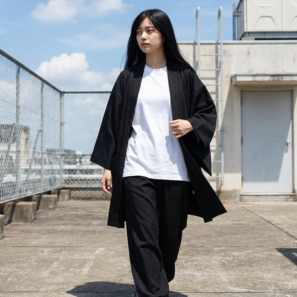 Modernes Herrenkimono über Shirt und Hose getragen