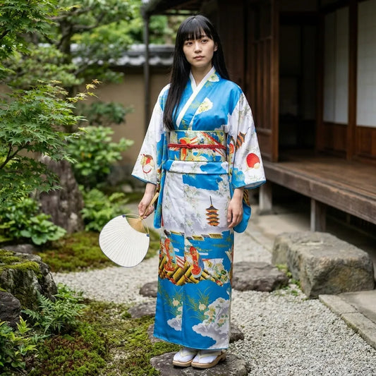 Himmelblaues Kimono Kleid mit Ukiyo-e Print und Obi-Taille vorne