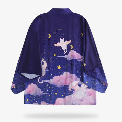Blaue Kimono-Jacke mit himmlischem Wolken- und Mondmotiv