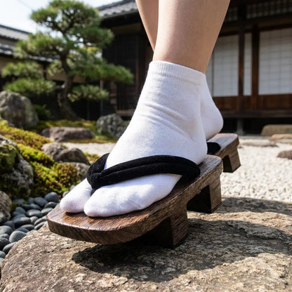 Geta Sandalen aus Holz mit weißen Tabi-Socken auf einem Gartenstein getragen
