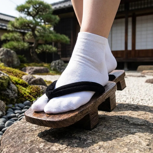 Geta Sandalen aus Holz mit weißen Tabi-Socken auf einem Gartenstein getragen