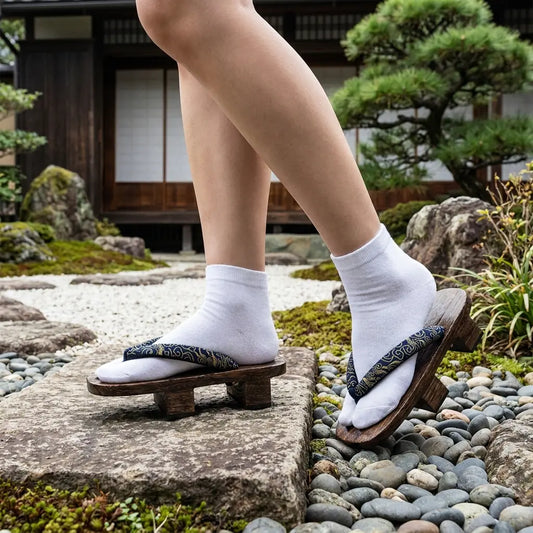 Holz-Geta-Sandalen mit weißen Tabi-Socken aus der Dreiviertelansicht im japanischen Garten