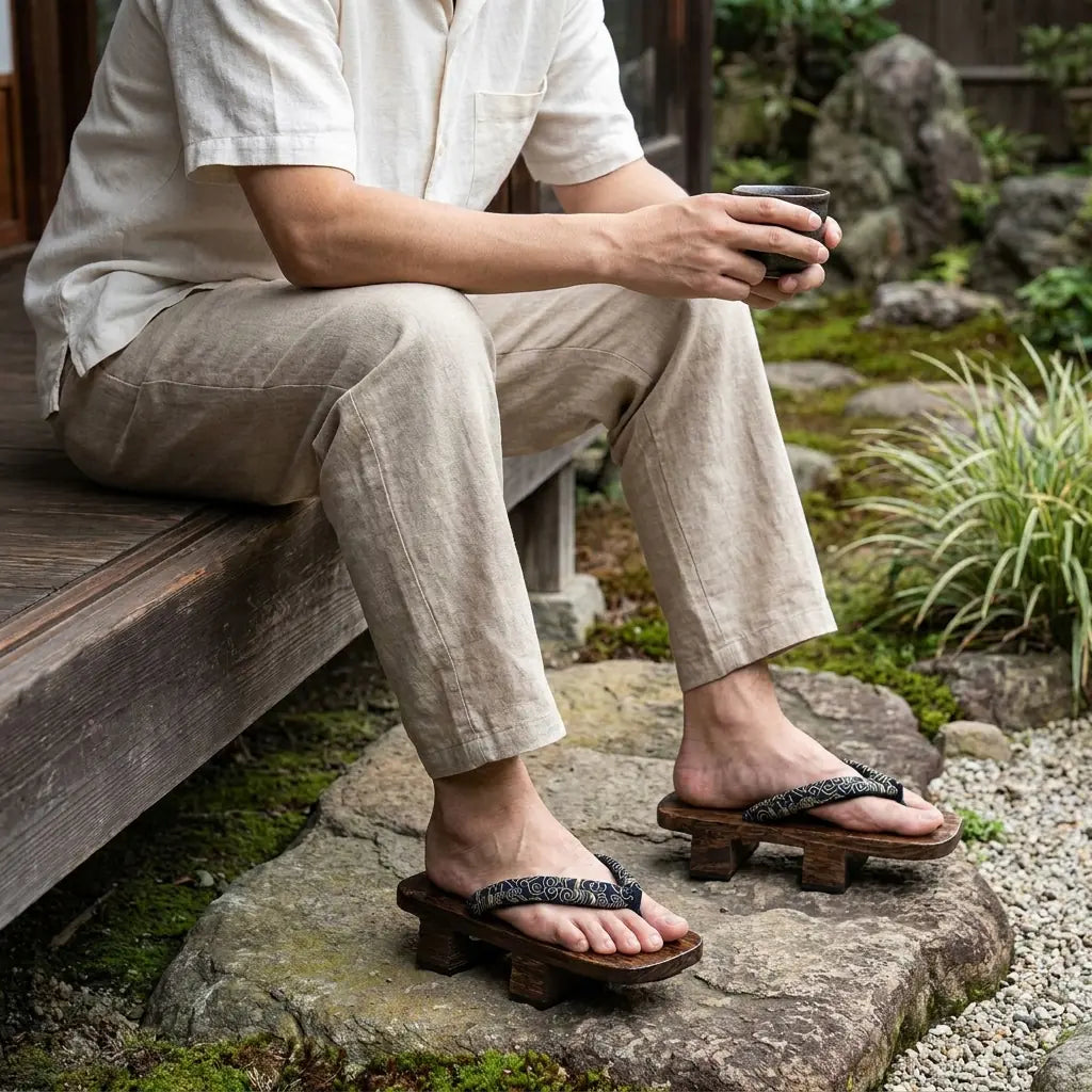 Holz-Geta-Sandalen mit weißen Tabi-Socken, getragen von einem sitzenden Mann im japanischen Garten