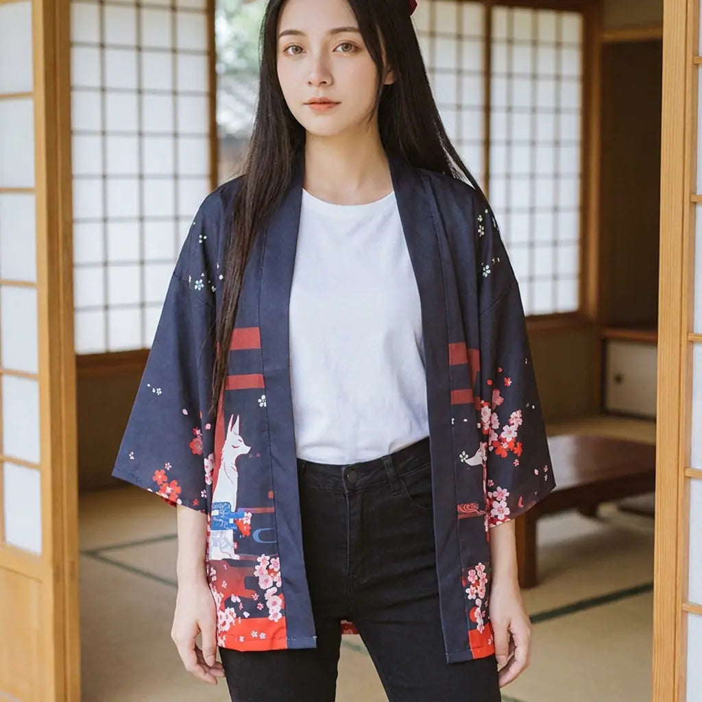 Inari Kitsune Cardigan von vorne mit weißem Fuchs auf dem Ärmel