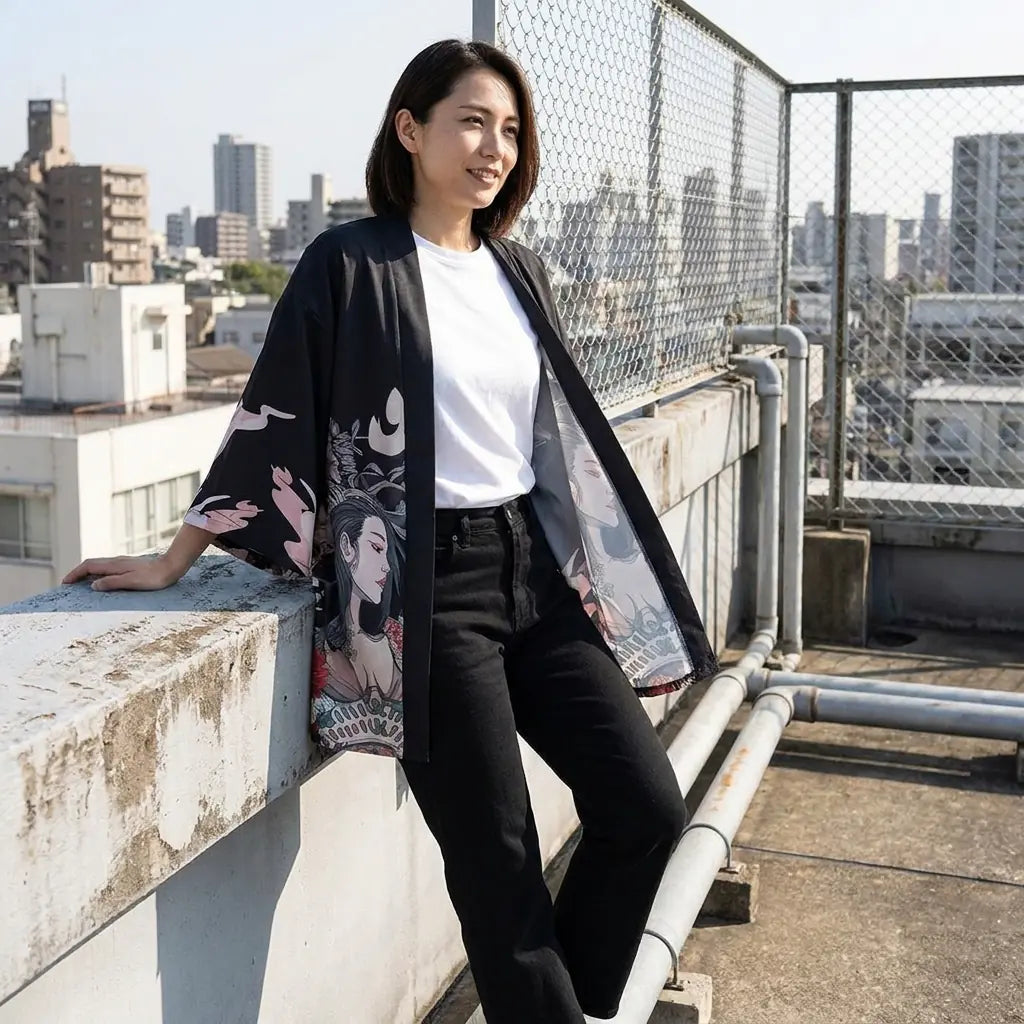 Kimono Jacke mit Irezumi-Motiv vor einem Dachterrassen-Geländer