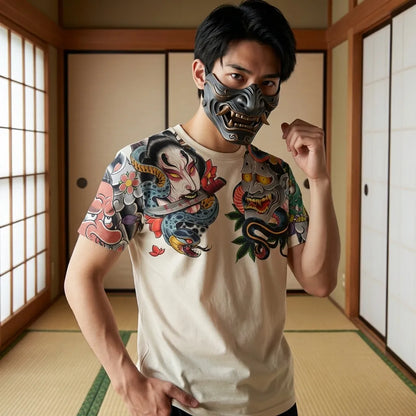 Irezumi T-Shirt mit Oni-Maske und Yurei-Geist Motiv vorne