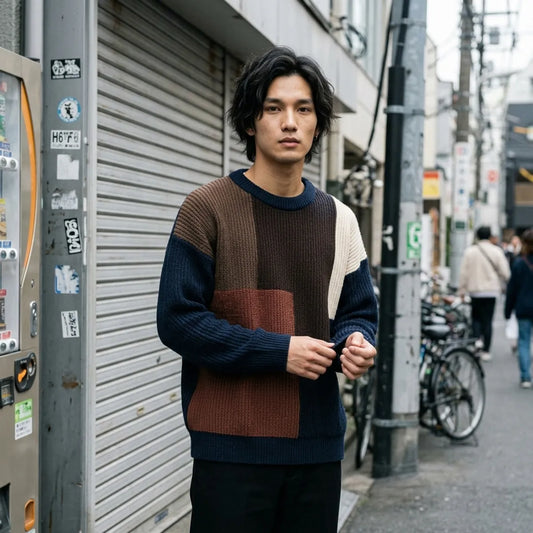Person trägt leicht oversized Navy Pullover mit rotbraunen und cremefarbenen Colorblock-Panels