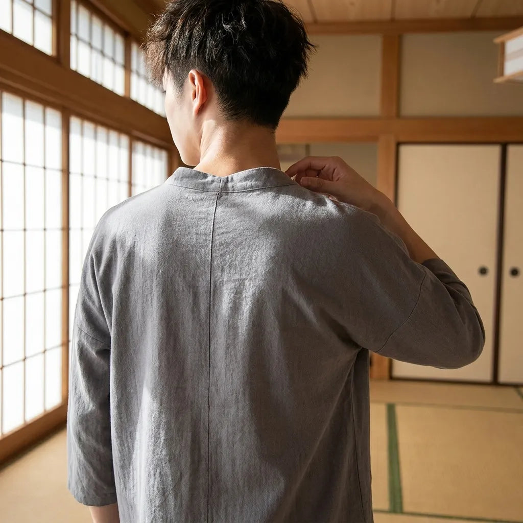 Graues Japan T-Shirt Herren aus Leinen, Rückansicht
