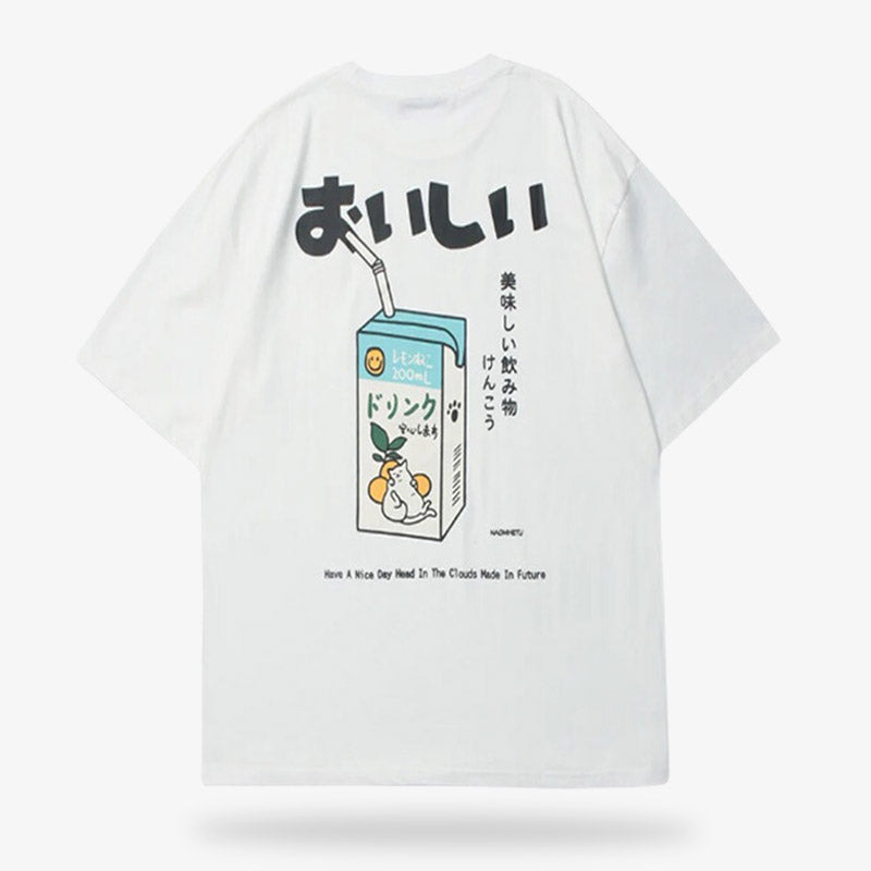 Weißes Baumwoll-T-Shirt mit Kanji-Druck im Kawaii-Stil