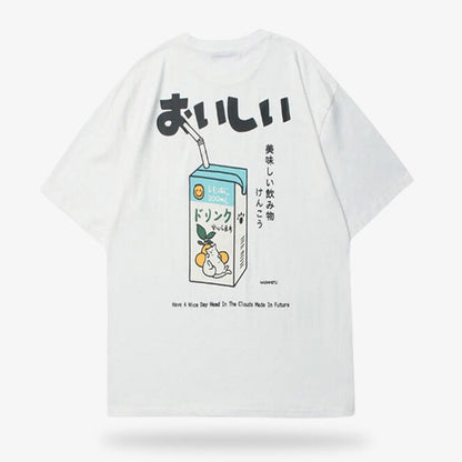 Weißes Baumwoll-T-Shirt mit Kanji-Druck im Kawaii-Stil