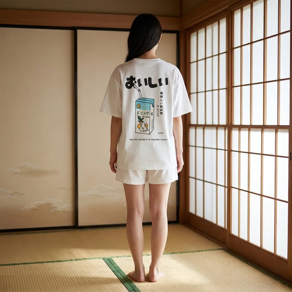 Kanji-Zeichen für lecker auf dem Rücken des T-Shirts