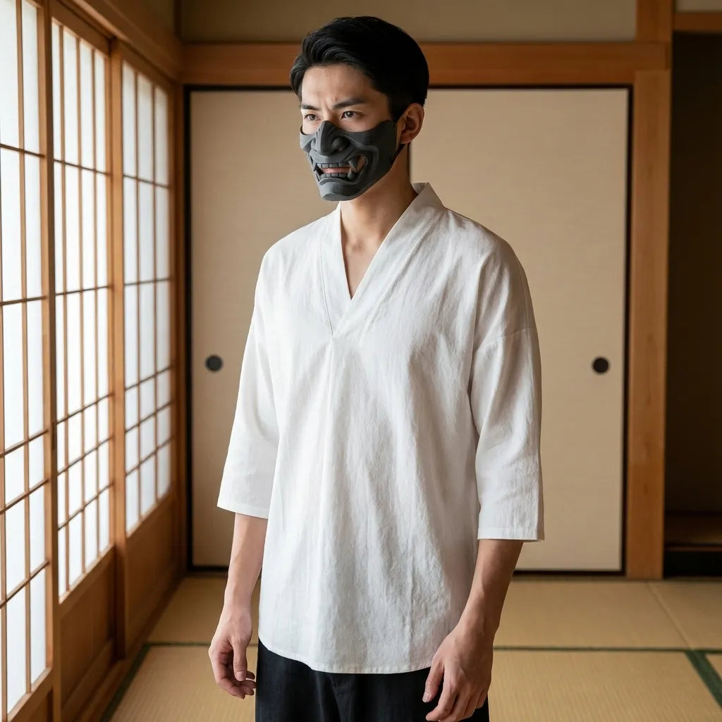 Weißes Japan T-Shirt aus Leinen mit V-Ausschnitt von vorne