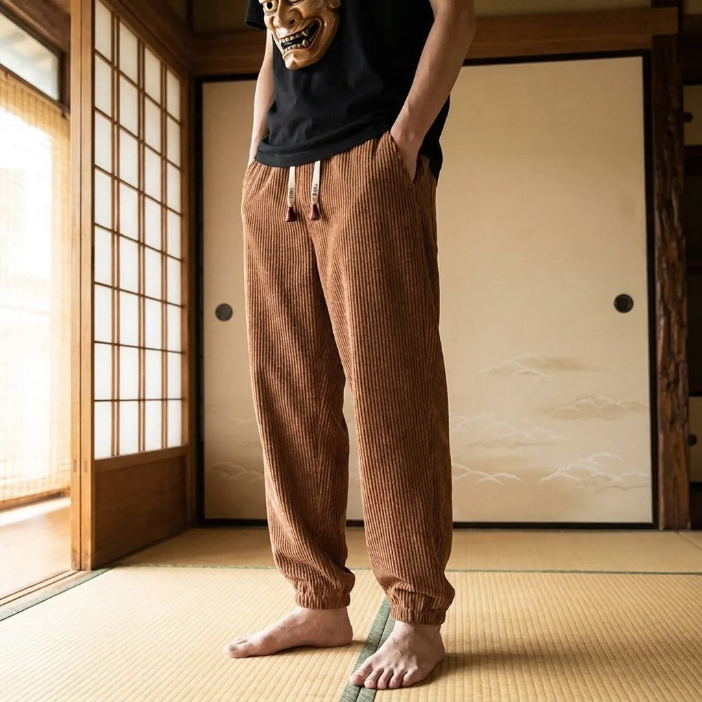 Japanische Cordhose in Vorderansicht mit lockerem Schnitt und minimalistischem Design