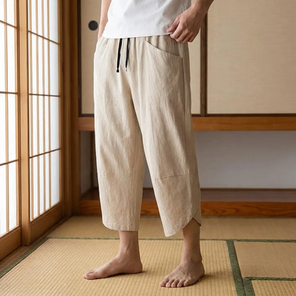 Beige japanische Cropped Hose mit weitem Beinschnitt für Herren