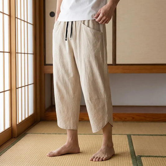 Beige japanische Cropped Hose mit weitem Beinschnitt für Herren