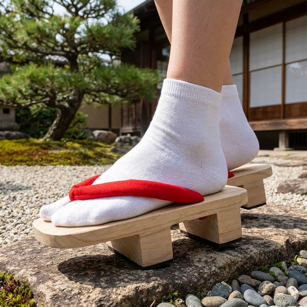 Japanische Geta Sandalen mit weißen Tabi-Socken auf einem Gartenstein