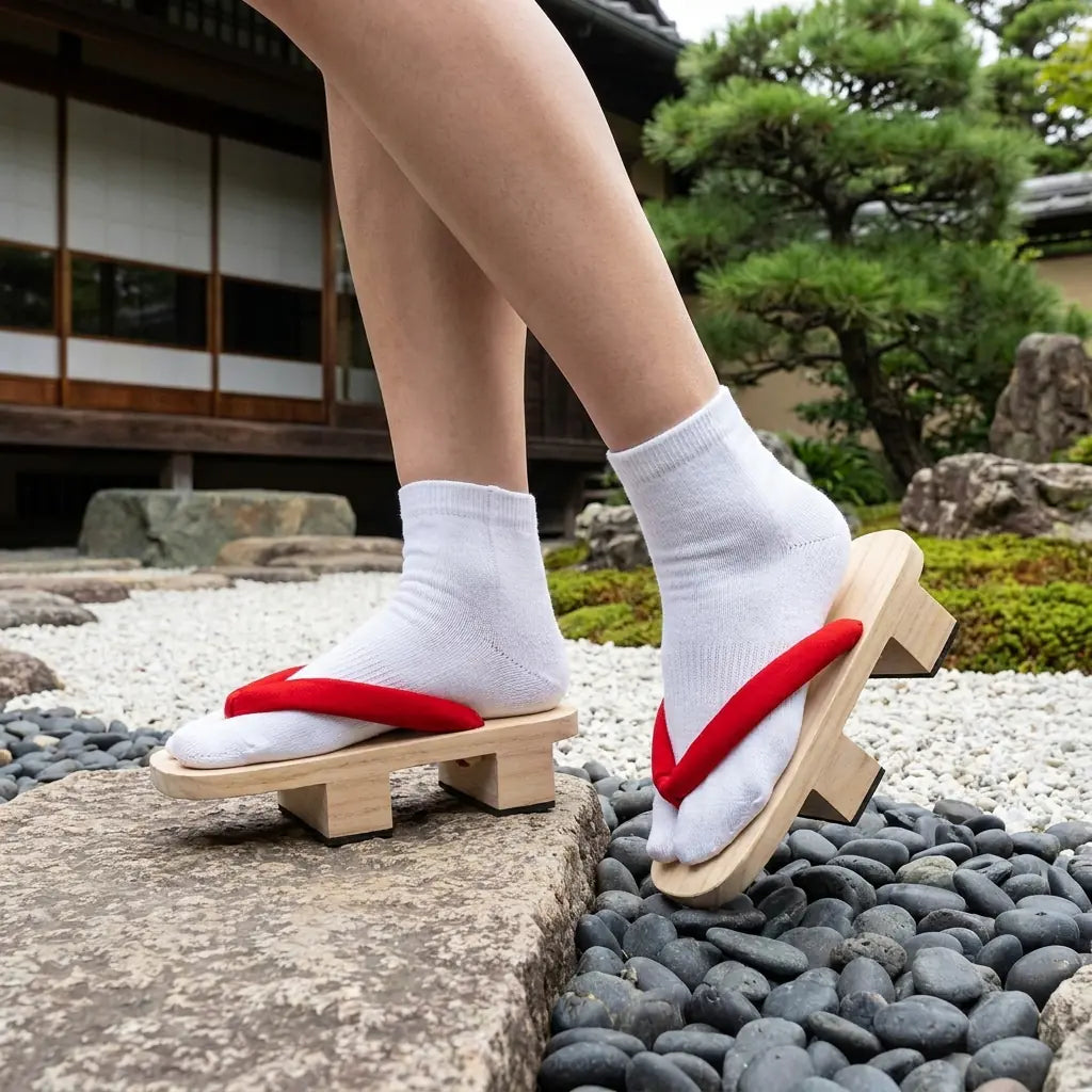 Japanische Geta Sandalen mit weißen Tabi-Socken im Garten aus Dreiviertelansicht