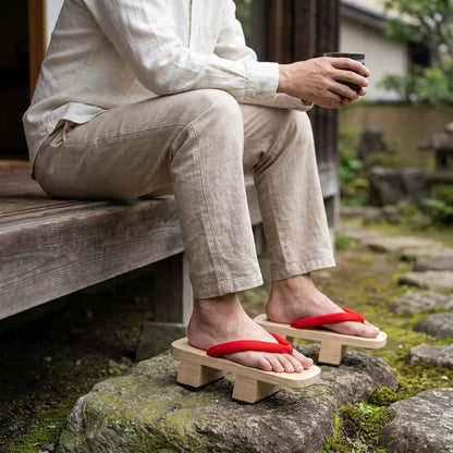 Japanische Geta Sandalen mit weißen Tabi-Socken, getragen von sitzendem Mann im Garten