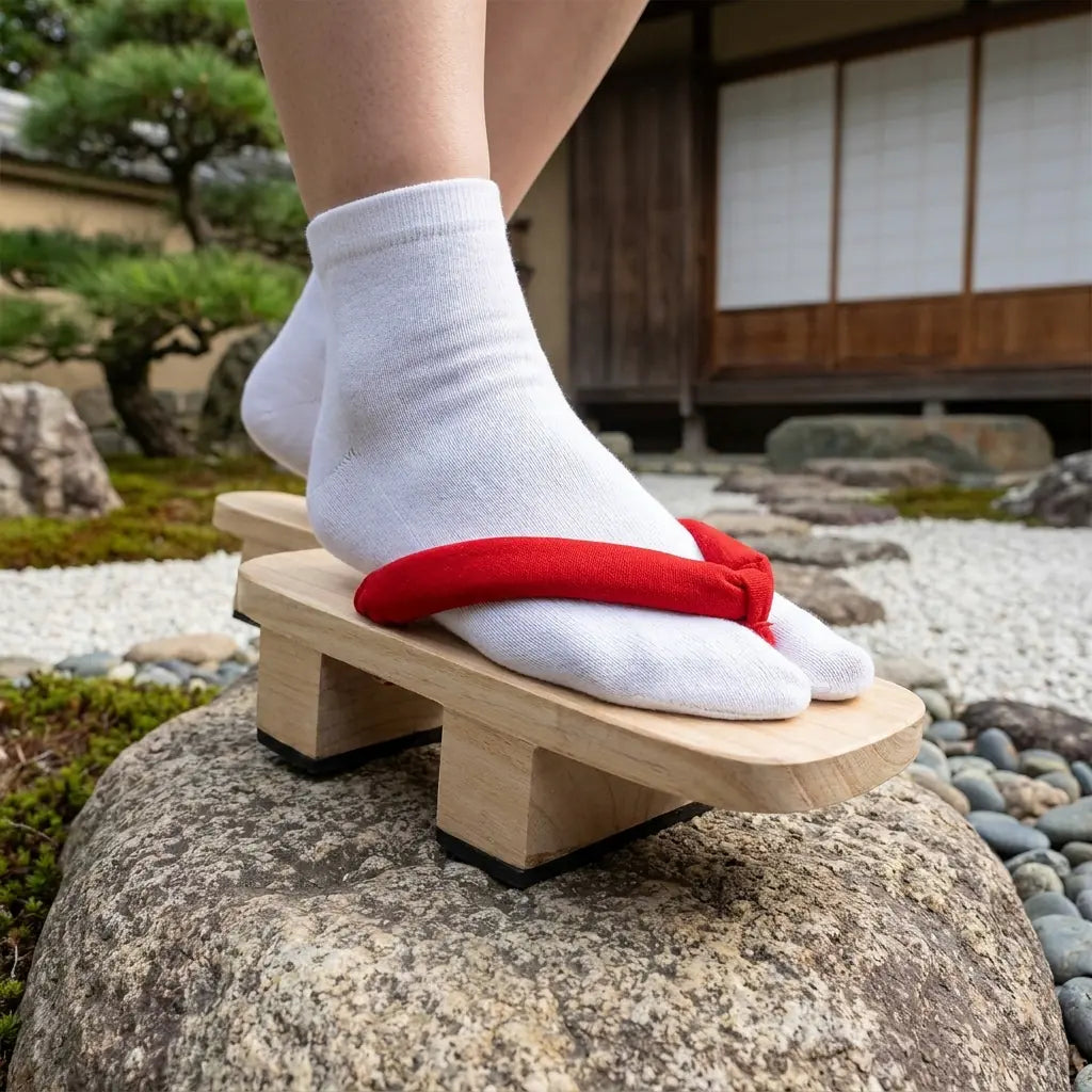 Japanische Geta Sandalen von oben mit rotem Hanao-Riemen und Holzsohle