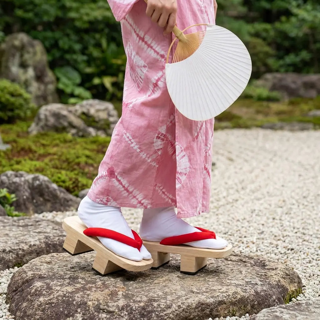 Japanische Geta Sandalen getragen mit rosa Kimono in japanischem Garten