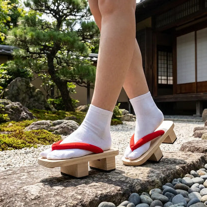 Japanische Geta Sandalen mit weißen Tabi-Socken aus Dreiviertelansicht im Garten