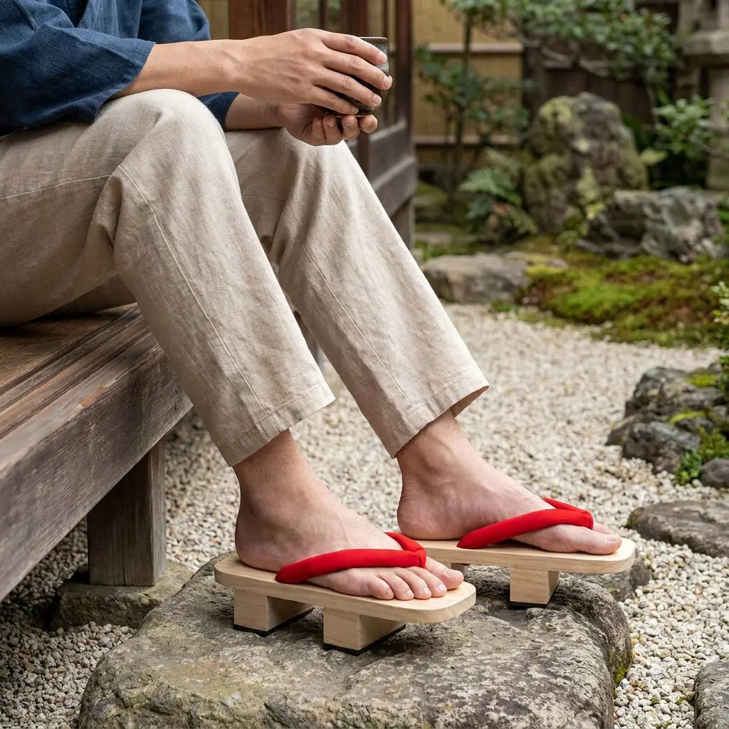 Japanische Geta Sandalen mit weißen Tabi-Socken, getragen von sitzendem Mann im Garten