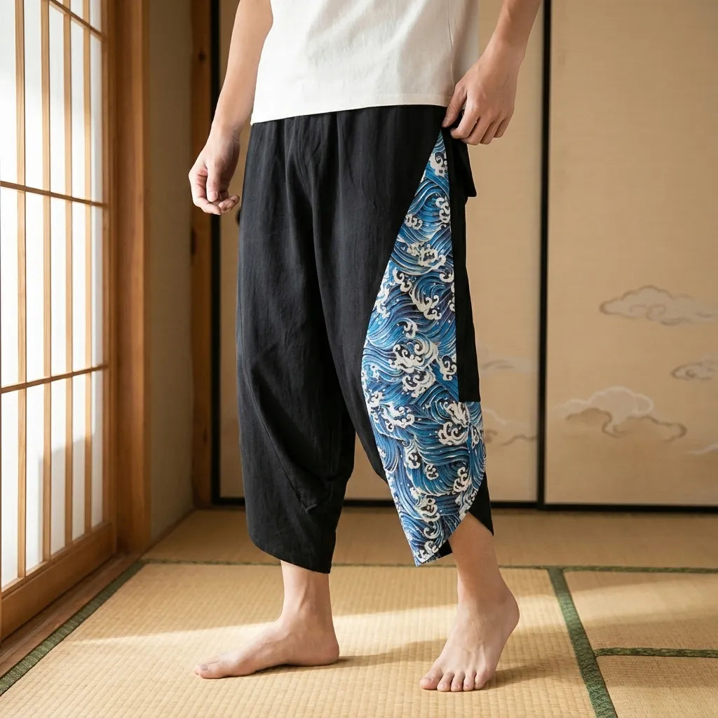 Schwarze japanische Harem-Hose mit traditionellem Wellenmuster von vorne