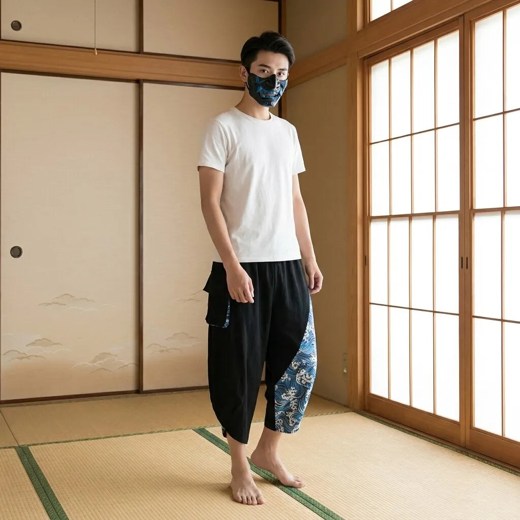 Japanische Harem-Hose mit Wellenmuster, Detailansicht des Stoffs
