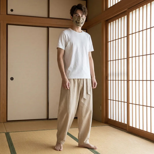 Khakifarbene japanische Hose mit lockerem Schnitt und Obi Gürtel