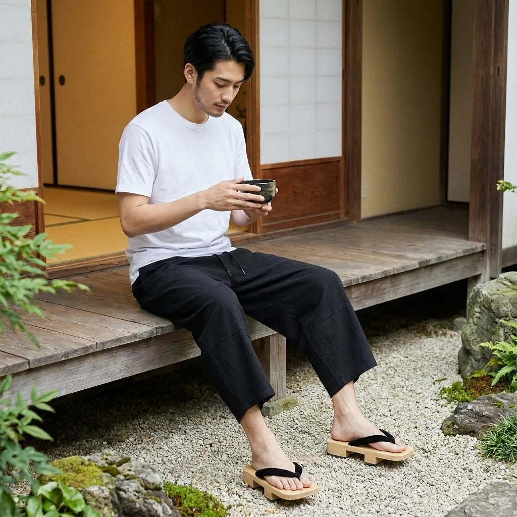 Schwarze japanische Hose mit lockerem Schnitt für einen minimalistischen Alltagslook.