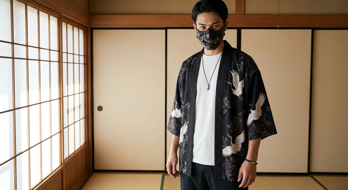 Mann trägt japanische Kimono Jacke Herren in traditionellem Tatami Zimmer, Frontalansicht