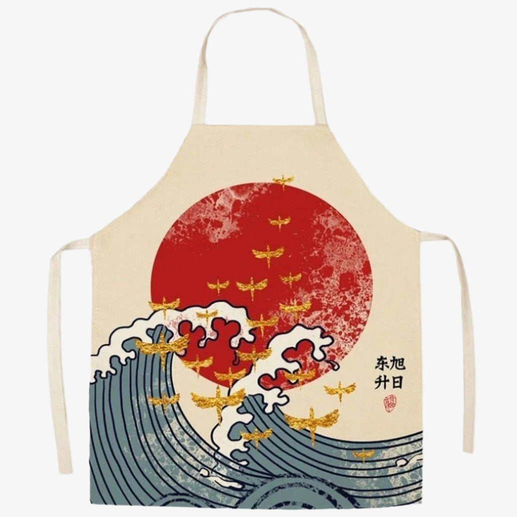 Japanische Küchenschürze und Chidori-Vögeln im Detail
